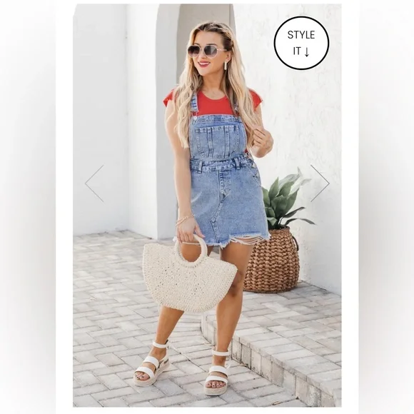 Acid Wash Denim Overall Dress - Pink Lily